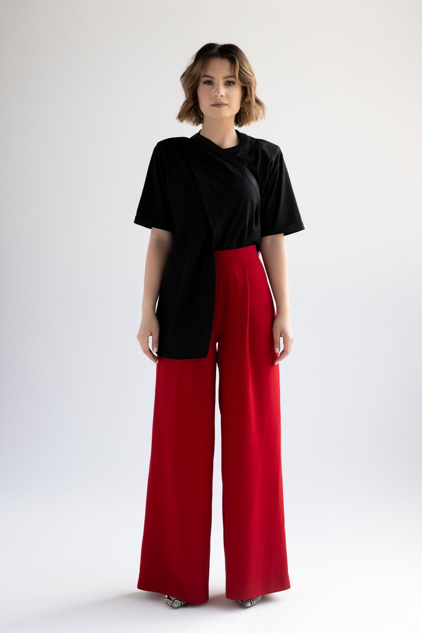 High waist wide leg pleated pants in red – POMMIE