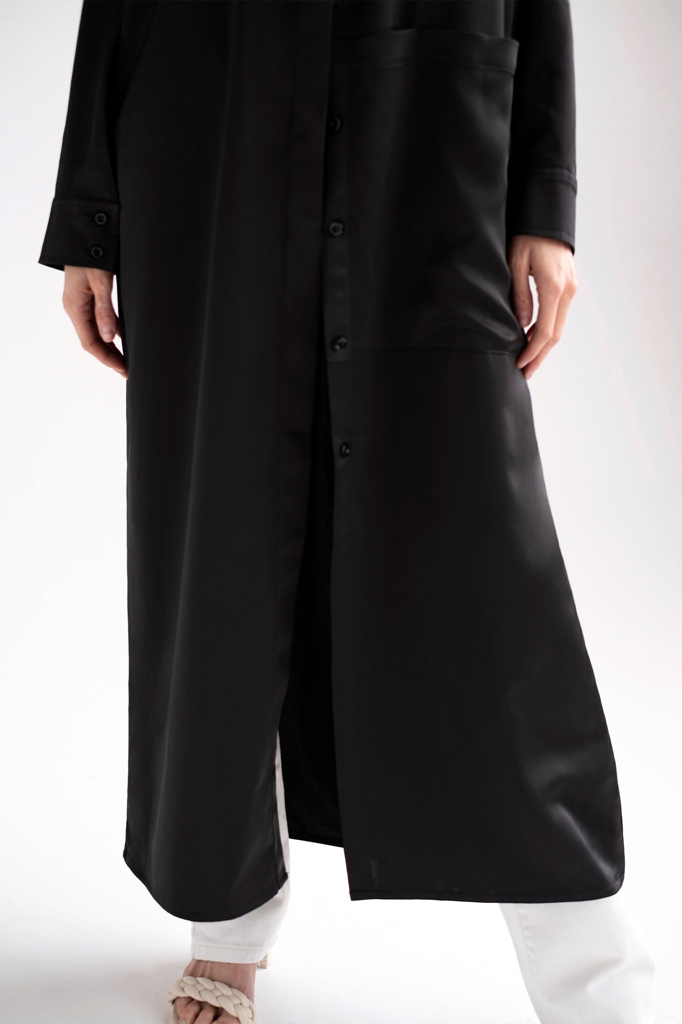 Oversized silk long shirt with pocket in black